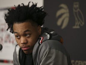 Raptors forward Scottie Barnes, who won Rookie of the Year honours, speaks to the media at the OVO Athletic Centre yesterday.