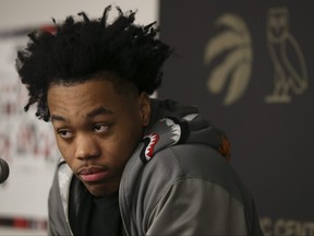 Raptors forward Scottie Barnes,  who won Rookie of the Year honours, speaks to the media at the OVO Athletic Centre yesterday.