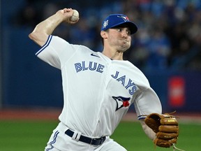 Blue Jays starting pitcher Ross Stripling delivers to the plate against the Athletics in the first inning at Rogers Centre in Toronto, Friday, April 15, 2022.