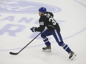 Maple Leafs defenceman Rasmus Sandin took part in solo skating drills on Monday before his teammates practised.