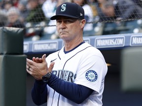 Manager Scott Servais of the Seattle Mariners looks on before the game against the Houston Astros at T-Mobile Park on April 15, 2022 in Seattle, Washington.