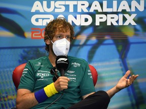 Aston Martin's Sebastian Vettel speaks at a press conference at the Albert Park Circuit in Melbourne on April 8, 2022.