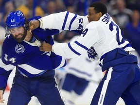 Scarboroughs own Wayne Simmonds, seen here squaring off against upcoming playoff opponent Pat Maroon of the Tampa Bay Lightning, says the Leafs are hungry for a first-round playoff win. "it doesn’t matter what you do in the regular season, franchise-setting, whatever. 
It starts on Monday," he said. Getty Images