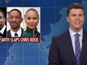 Colin Jost appears on "Saturday Night Live" during the Weekend Update segment of the show.
