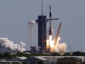 Axiom's four-man team lifts off, riding atop a SpaceX Falcon 9 rocket, in the first private astronaut mission to the International Space Station, from Kennedy Space Center in Cape Canaveral, Florida, U.S. April 8, 2022.