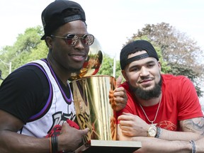 Kyle Lowry and Fred Vanvleet at the Raptors Championship parade in Toronto on Sunday June 16, 2019. Veronica Henri/Toronto Sun/Postmedia Network