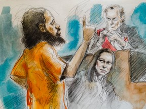 Chiheb Esseghaier, crown attorney Marcy Henschel and justice Michael Code are pictured in this court sketch on Wednesday, July 22, 2015.