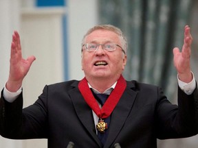 Russian Liberal Democratic Party leader Vladimir Zhirinovsky delivers a speech after receiving an award from President Vladimir Putin during a ceremony at the Kremlin in Moscow, Sept. 22, 2016.