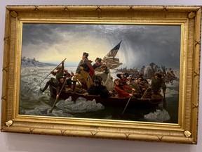 Emanuel Leutze's 'Washington Crossing the Delaware' painting set up for auction at Christie's on May 12, 2022, is seen in New York April 21, 2022.