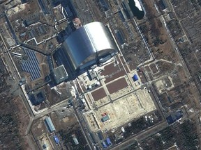This file photo shows a Maxar satellite image taken and released on March 10, 2022 of an overview of the Chernobyl Nuclear Power Plant in Pripyat, Ukraine.