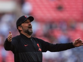 In this file photo taken on April 16, 2022 Liverpool's German manager Jurgen Klopp celebrates at the end of the English FA Cup semi-final football match between Liverpool and Manchester City at Wembley Stadium in north west London.