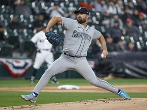 Apr 12, 2022; Chicago, Illinois, USA; Seattle Mariners starting pitcher Robbie Ray (38) delivers against the Chicago White Sox during the first inning at Guaranteed Rate Field.