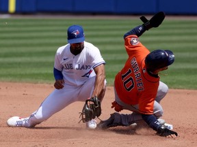 Jun 6, 2021; Buffalo, New York, USA;  Houston Astros first baseman Yuli Gurriel (10) slides safe to second as Toronto Blue Jays second baseman Marcus Semien (10) misses the tag at Sahlen Field.