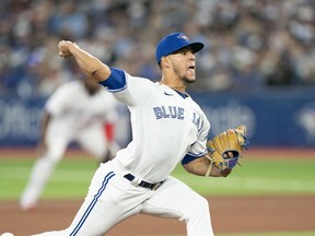 Toronto Blue Jays starting pitcher Jose Berrios throws a pitch during the first inning against the Texas Rangers at Rogers Centre.
