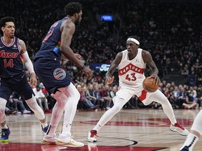 Apr 20, 2022; Toronto, Ontario, CAN; Toronto Raptors forward Pascal Siakam (43) controls the ball against Philadelphia 76ers center Joel Embiid (21) during the second half of game three of the first round for the 2022 NBA playoffs at Scotiabank Arena.