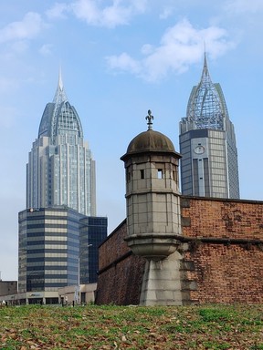 Fort Conde, which dates back to 1723, stands in front of the modern towers of downtown Mobile, Ala.