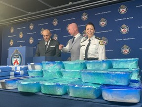 Toronto Police seized $28.5 million worth of drugs, including 189 kilograms of cocaine and 97 kilograms of crystal methamphetamine, its largest single-day seizure of drugs in the service's history. (Pictured, L-R) Insp. Mandeep Mann, Supt. Steve Watts and Staff-Supt. Lauren Pogue are seen here on Thursday, April 2, 2022.