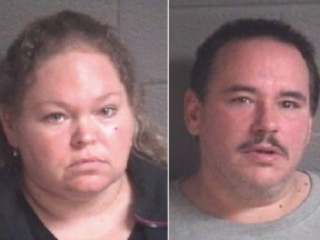 Mugshots of Angela Wamsley, 46, and Mark Barnes, 50, arrested for concealing death of Wamsleys grandmother.