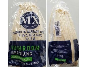 Packages of Ming Xiang brand Enoki mushrooms are pictured in photos provided by the  Canadian Food Inspection Agency.