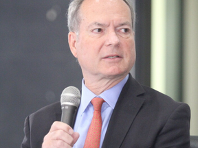 Ontario Finance Minister Peter Bethlenfalvy replies to a question during a breakfast meeting with the Sault Ste. Marie Chamber of Commerce in Sault Ste. Marie, Ont., on  Aug. 5, 2021.