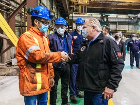 Ontario Premier Doug Ford meets Algoma Steel workers in Sault Ste. Marie on Friday, April 8, 2022.