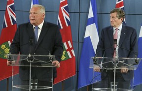 Ontario Premier Doug Ford (L) and Toronto Mayor John Tory at a news conference on Friday, Aug. 23, 2019.