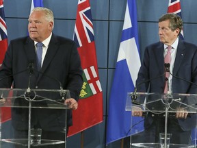Ontario Premier Doug Ford (L) and Toronto Mayor John Tory at a news conference on Friday, Aug. 23, 2019.