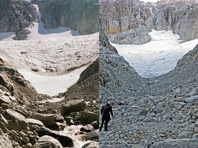 LEFT: Coquitlam Glacier in 2006. Note, the bedrock is not as exposed in this image. RIGHT: The same glacier in 2021 as it retreats and shrinks in depth due to climate change. Note how much of the bedrock exposed rock in the left-middle of the glacier. The 2021 image shows the glacier flattening (result of downwasting/melting in place) in a more "pancake-like" condition.
