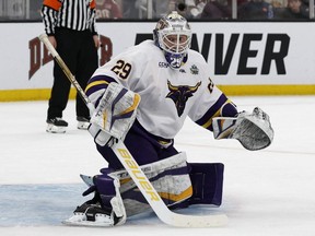 Apr 9, 2022; Boston, MA, USA;Minnesota State goaltender Dryden McKay (29) during the second period of the 2022 Frozen Four college ice hockey national championship game against Denver at TD Garden.