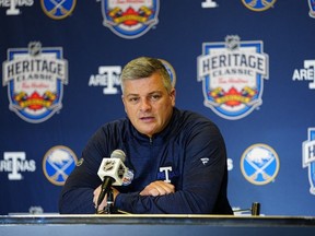 Toronto Maple Leafs head coach Sheldon Keefe speaks prior to the start of the 2022 Heritage Classic ice hockey game as the Toronto Maple Leafs host the Buffalo Sabres at Tim Hortons Field.