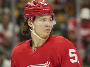 Detroit Red Wings defenseman Moritz Seider looks on during the third period against the Pittsburgh Penguins at Little Caesars Arena.