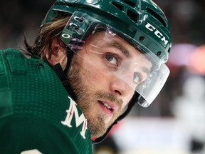 Minnesota Wild right wing Ryan Hartman looks on against the Arizona Coyotes in the third period at Xcel Energy Center.