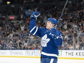 Toronto Maple Leafs right wing Mitchell Marner celebrates scoring a goal during the first period against the New York Islanders at Scotiabank Arena.