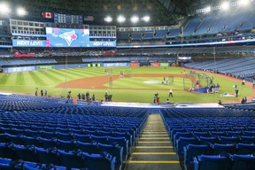The Toronto Blue Jays prepare for the upcoming season at the Rogers Centre on Thursday, April 7, 2022.