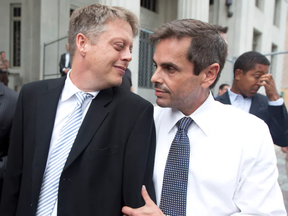 Jorge Diaz, right, with Don Johnston after a court hearing on same-sex marriage in Miami-Dade County in July 2014. Jorge Diaz-Johnston was found dead in January 2022.