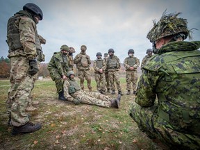 Canadian first aid methods are demonstrated to soldiers from the National Guard of Ukraine in November 2020 in Zolochiv, Ukraine.