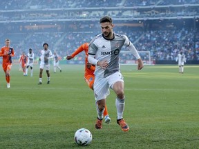 Apr 24, 2022; New York, NY, New York, NY, USA; Toronto FC forward Jesus Jimenez (9) controls the ball against New York City FC during the second half at Citi Field.