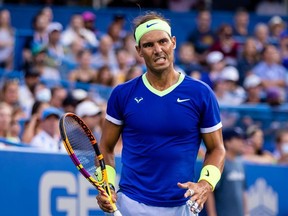 Aug 4, 2021; Washington, DC, USA; Rafael Nadal of Spain reacts during the Citi Open at Rock Creek Park Tennis Center.