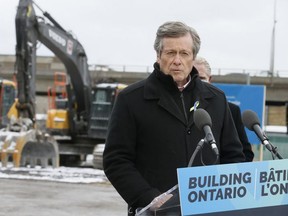 Mayor John Tory is pictured at a March 27, 2022 press conference about construction of the new Ontario subway line.
