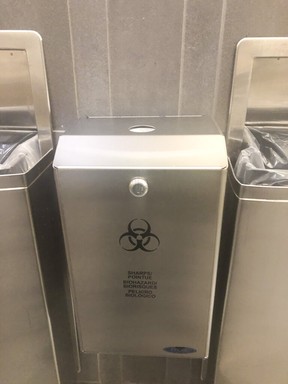 A syringe drop box inside a newly built section of the Union station TTC GO transit hub at on Friday April 22, 2022.
