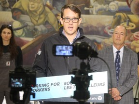 Monte McNaughton, Ontario's minister of labour, training and skills development, speaks in Sarnia while announcing provincial funding for a training project for members of the plumbers and pipefitters union April 22, 2022.