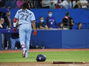 Walking away after a strikeout, Vladimir Guerrero Jr. of the Blue Jays has just one home run in May. The Jays, as a team, have only nine.