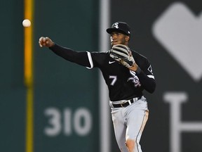 Tim Anderson of the Chicago White Sox throws the ball to first base in the fifth inning against the Boston Red Sox at Fenway Park on May 6, 2022 in Boston, Massachusetts.