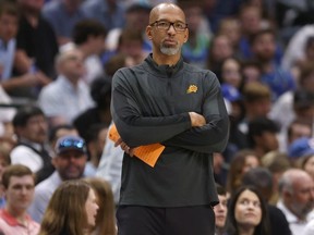 Head Coach Monty Williams of the Phoenix Suns watches the action against the Dallas Mavericks during the second half of Game Three of the 2022 NBA Playoffs Western Conference Semifinals at American Airlines Center on May 6, 2022 in Dallas, Texas.