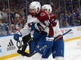 ST LOUIS, MO - MAY 21:  (L-R) Nazem Kadri #91 and Nathan MacKinnon #29 of the Colorado Avalanche celebrate Kadri's goal against the St. Louis Blues in the second period during Game Three of the Second Round of the 2022 Stanley Cup Playoffs at Enterprise Center on May 21, 2022 in St Louis, Missouri.