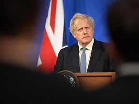 Prime Minister Boris Johnson holds a press conference in response to the publication of the Sue Gray report Into "Partygate" at Downing Street on May 25, 2022 in London, England.