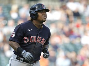 DETROIT, MI -  MAY 28:  Jose Ramirez #11 of the Cleveland Guardians rounds the bases after hitting a two-run home run against the Detroit Tigers during the ninth inning at Comerica Park on May 28, 2022, in Detroit, Michigan.