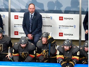 Head coach Peter DeBoer of the Vegas Golden Knights handles the bench during the second period against the Vancouver Canucks in Game One of the Western Conference Second Round during the 2020 NHL Stanley Cup Playoffs at Rogers Place on August 23, 2020 in Edmonton, Alberta, Canada.