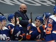 Head coach Barry Trotz of the New York Islanders works the bench during the game against the New Jersey Devils at the Nassau Coliseum on March 11, 2021 in Uniondale, New York.