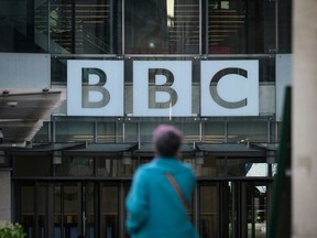 The BBC logo is seen at BBC Broadcasting House on January 17, 2022 in London, England.